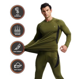 CL convallaria Long Johns for Men with Fly Thermal Underwear Set Winter Hunting Gear Sport Base Layer Top and Bottom Midweight Crew Neck Green XL