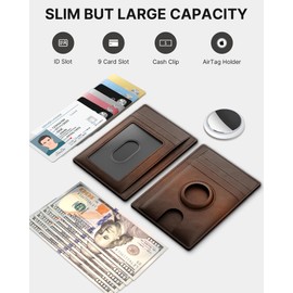 avanture Mens Slim Wallet for Airtag, Premium Crazy Horse Leather Front Pocket Wallet with AirTag Holder, RFID-blocking Mens Wallet Card Case Compatible with AirTag, Brown