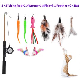 Whefory Retractable Cat Teaser Wand Toy, Cat Toys for Indoor Outdoor Cats Interactive Fishing Rod with 8 Pcs Refills Feather Toy, Plush Mouse Caterpillar & Fish