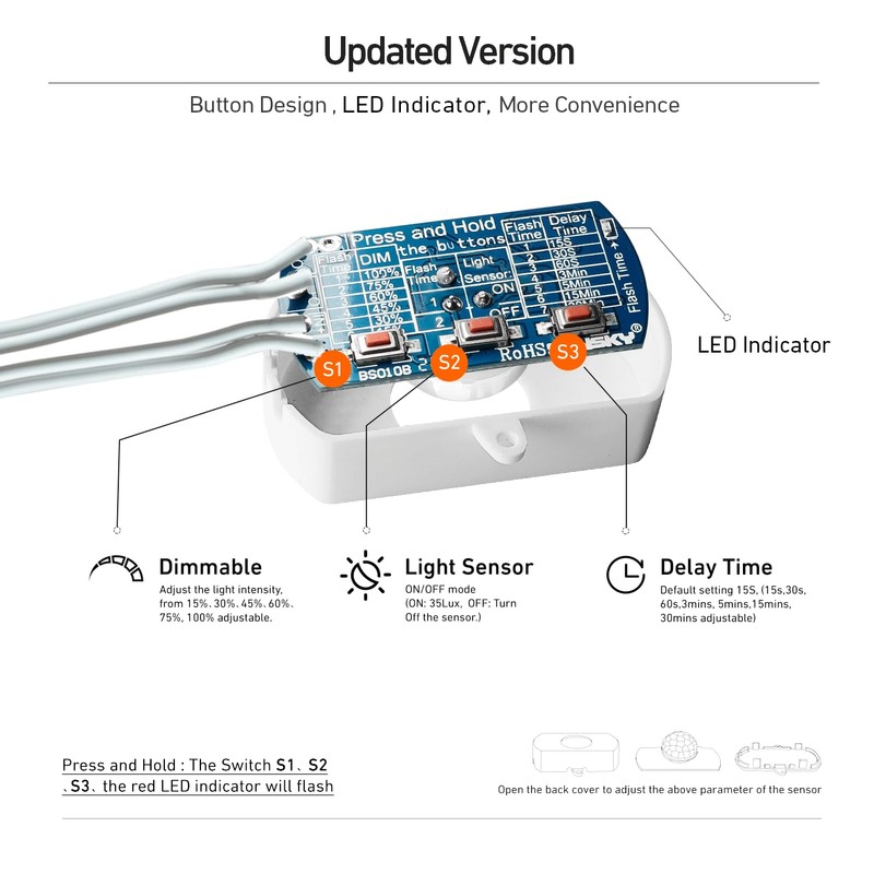 SENSKY BS010BW DC 12v to 24v 3A Mini Dimmable Pir