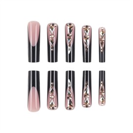 SINHOT Square Press on Nails Long - Black French Tip Fake Nails Glossy Glue on Nails Gold Luxury Rhinestones Acrylic Nails Squoval Artificial Nails Stick on False Nails with Design 24pcs
