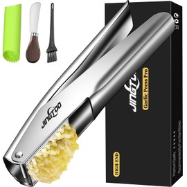 JINGTOO Garlic Press Stainless Steel, Premium Garlic Mincer - 5 Years Warranty - No Need to Peel Garlic Crusher, Ginger Masher & Presser Large Trough Ergonomic Handle, Easy Squeeze，Dishwasher Safe