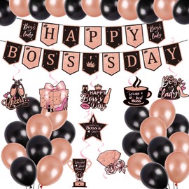 Gameza Happy Boss Day Decorations - 30PCS Boss Day Decorations Woman Glitter Banner Hanging Swirls Balloons Rose Gold Black Boss Lady Bosses Day Party Supplies Best Boss Ever Decorations for Office