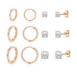 Loutade Silver Studs Earrings for Women, 6 Pairs Silver Hoop Earrings with Silver Stud Earrings Set, Unisex Small Cubic Zircon Cartilage Rose Gold Sleeper Earrings Hypoallergenic Earrings Rose Gold