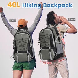 Hiking Backpack 40L Waterproof Camping Backpack for Men Women Lightweight Outdoor Sport Daypack Packable Hiking Backpack for Climbing Travel Touring,Gray