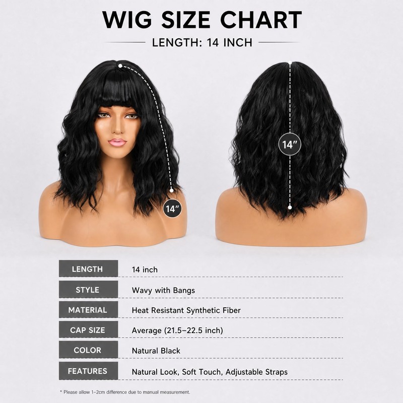 Black Short Bob Wavy Wig with Bangs for Women 14inch