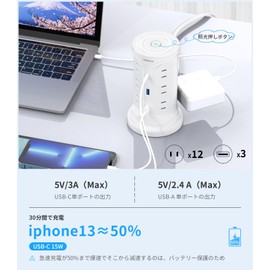 NVEESHOX Power Strip with Type-C Extension Cord, Tower with Telescopic Fixing Parts, Outlet & USB Included, Lightning Guard, 3 Layers, 12 AC Outlets, 3 USB Ports, Octopus Wiring, Table Tap, OA Tap, Multi-Tap, Under Desk, Wall Hanging, Safety Protection F
