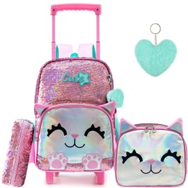 Meetbelify Cute Cat Rolling Backpack for Girls, Pink, 17"X11.8"X6.7", with Laptop Sleeve, Lunch Box, Pencil Case, and Pendant