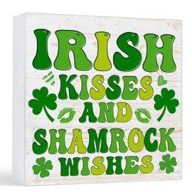 St. Patricks Day Decor Farmhouse Irish Kisses and Shamrock Wishes Wood Sign St Patricks Day Decorations Home Table Desk Decor (5 x 5 Inches)