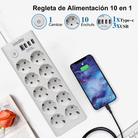 EXTRASTAR 14-in-1-Steckdosenleiste mit 10 Steckdosen und 3 USB-Anschlüssen, 1 USB-C, 1 Schalter, mit Kinderschutz und Überspannungsschutz, 1,5 m, für Zuhause und Büro, max. 3680 W, 16 A. Weiß