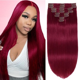 Burgundy Clip in Hair Extensions Real Human Hair Clip Ins 8pcs Per Set 110g Brazilian Clip in Hair Extensions Black Women #99j Full Head Silky Straight 100% Human Hair Extensions (18inch)
