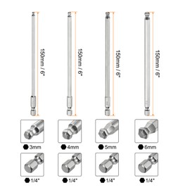 sourcing map 4pcs Ball End Hex Screwdriver Bit Set 3mm-6mm ((H3-H6)) Size 1/4" Hex Shank 150mm (6") Long Magnetic Ball Head Bits S2 Steel Metric Screw Driver Bit