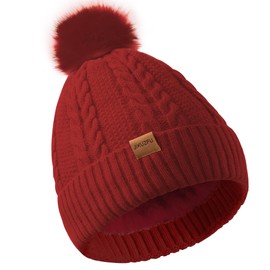 Women's Winter Fleece Beanie Hat, Warm Soft Wool Lined Knit Cross Cap with Pom Pom Snow