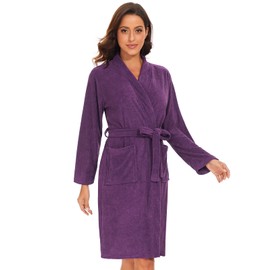 vislivin Leichter Bademantel Damen Frottee Bademantel Sauna Morgenmantel Knielanger Saunamantel Bathrobe Damen Lila L