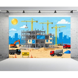 CHNYWORK 7x5ft Cartoon Construction Site Backdrop Building Materials and Equipment Cityscape Skyline Background Kids Cartoon Construction Theme Party Decor Birthday Banner Photo Shoot Props