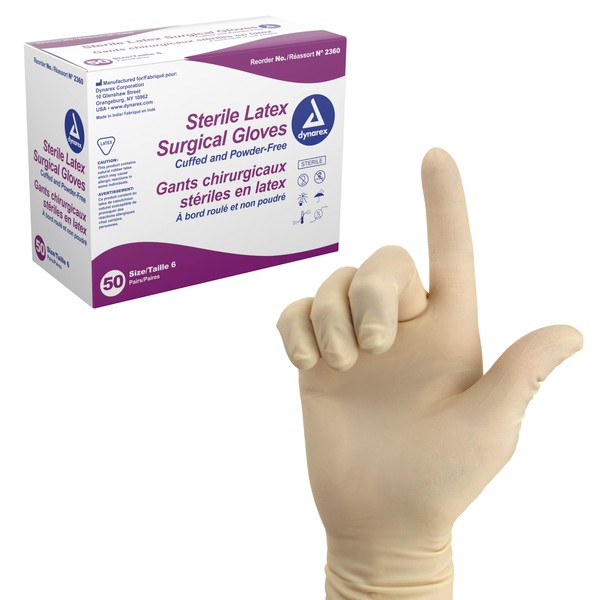 Dynarex Sterile Disposable Latex Surgical Gloves, Powder-Free, Sterilely Packaged in Pairs, Professional Medical and Healthcare Use, Veterinary Clinic, Bisque, Size 6.0, 1 Box of 50 Pairs of Gloves