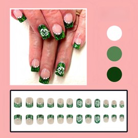 24Pcs St. Patrick's Day Press on Nails Short Square Fake Nails Glossy Acrylic Nails White Dot Green Sequin French Design Four Leaf Clover False Nails Stick on Nails for Women Manicure Art Accessories