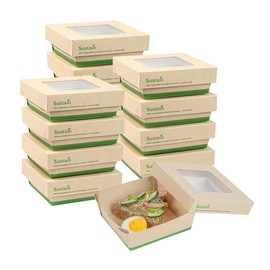 Restaurantware-13 Ounce Sturdy Paper Take Out Boxes, 50 Disposable Take Out Food Containers - With PLA lining, Lid With Clear PLA Window, Bamboo Salad Containers, Compostable, Greaseproof