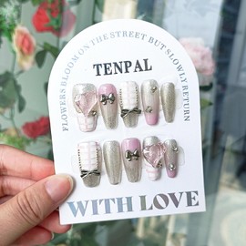 TENPAL Grey Pink Nails,Acrylic French Tip Press on Nails Medium,Soft Gel Fake Nails With Bow Ties, Glitter Coffin Nails With Plaid Designs,Y2K Stick on Nails For Women Girls,Cute Nails,XS Size