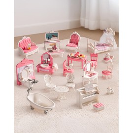 ROBUD Dollhouse Furniture, Pink Doll House Accessories and Furniture for Dining Room, Bathroom, Bedroomn,Living Room, Dollhouse Accessories Pretend Play Furniture Toys for Kids, WDHXX