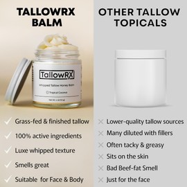 TALLOWRX 100% Grass-Fed Beef Tallow for Skin – Whipped Tallow Honey Balm, Pure & Organic Moisturizer for Face & Body with Manuka Honey, Jojoba & Calendula – Deep Hydration & Soothing (4 oz, Coconut)