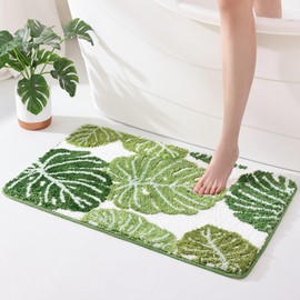 Panstar Green Leaves Bath Mat, Non Slip Large Plant Monstera Leaf Bath Rug Absorbent Bathtub Rug Bathroom Plush Shower Rugs (20"X30")
