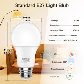 DiCUNO E27 LED Lampe 15W, ersetzt 100W, 2700K Warmweiß, 1350LM, super hell, Matt, E27 A60 Edison Birne, CRI90, kein Flackern, nicht dimmbar, E27 LED Leuchtmittel in Kolbenform, 230V, 6er Set