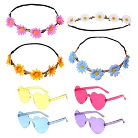 8 Pcs Daisy Flower Headband Frameless Heart Shaped Sunglasses Hawaiian Flower Hair Bands Floral Garland Headband Sunflower Crown Headband Hippie Costume Set