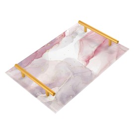 Pale Pink Marble Decorative Tray, Decorative Tray for Perfume Accessories, with Golden Metal Handles for Counter, Vanity, Dresser, Nightstand or Desk
