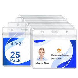 Horizontal ID Badge Holder 4x3 Inch 25 Pack, Clear Waterproof Plastic ID Card Holder, Heavy Duty Horizontal Name Tag & Work Badge Holder for Office School Conference