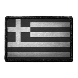 Greece Flag - Black and White - Distressed | Hook and Loop Attach for Hats, Jeans, Vest, Coat | 2x3 in | by Pull Patch