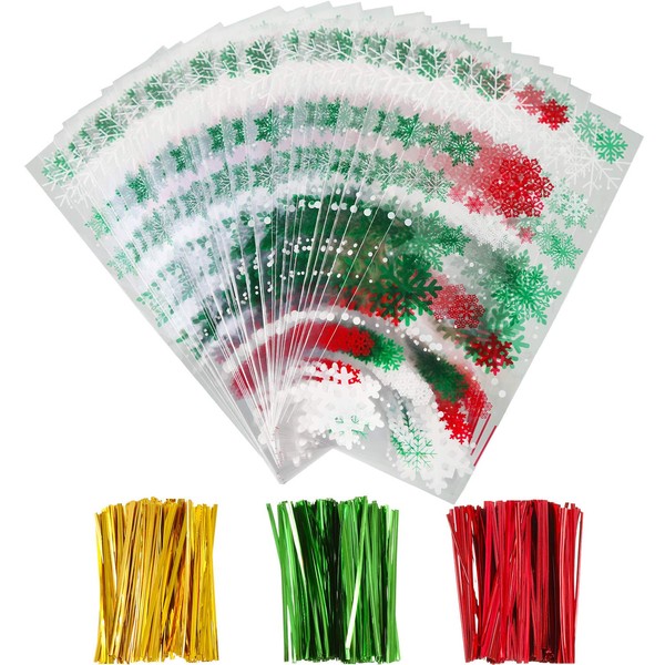 Boao 100 Pieces Christmas Cellophane Bags Snowflake Treat Bags Christmas Clear Goodies Bags with 150 Pieces Twist Ties for Christmas Party Supplies