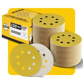Pack of 100 125 mm 8 Hole Sanding Discs 150 Grit - Premium Gold Round Velcro Sandpaper for Random Orbital Sanders - Ideal for Wood, Metal, Automotive