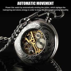 Partsdom Mens Pocket Watch Mechanical Black Steampunk Skeleton Retro Chain Luxury Classic