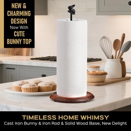 Wooden Paper Towel Holder Countertop, Cute Rabbit Design - Natural Solid Wood Base with Iron Rod,Paper Towel Holder countertop for Kitchen Roll Organizing, Dining Table & Home Décor
