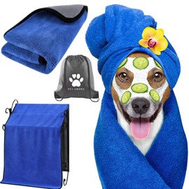Ultra-Absorbent XL Dog Towel – 140x70cm Soft Coral Fleece Microfibre, Fast-Drying, Calming pet blanket– Includes Drawstring Bag (Blue/Grey)