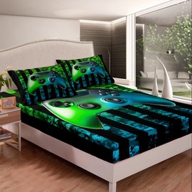 Gaming Bed Sheet Queen Size for Boys Kids Game Room Decor United States Bedding Set Video Game Gamer Fitted Sheet Camouflage Stripes Teens Bedroom Decor Gamepad Bedding Set with 2 Pillow Cases