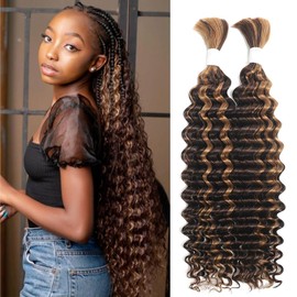 24 Inch Human Braiding Hair Deep Wave Ombre Braiding Hair 100g 2 Bundles/Pack Curly Bulk Human Hair for Braiding Wet and Wavy No Weft P4/30 Honey Blonde Brown Braiding Hair for Boho Braids