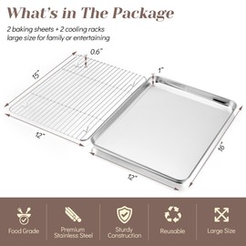 TeamFar Baking Sheet with Rack Set (2 Pans + 2 Racks), Stainless Steel Baking Pan Cookie Sheet for baking, Non Toxic & Healthy, Easy Clean & Dishwasher Safe - 4 Pack