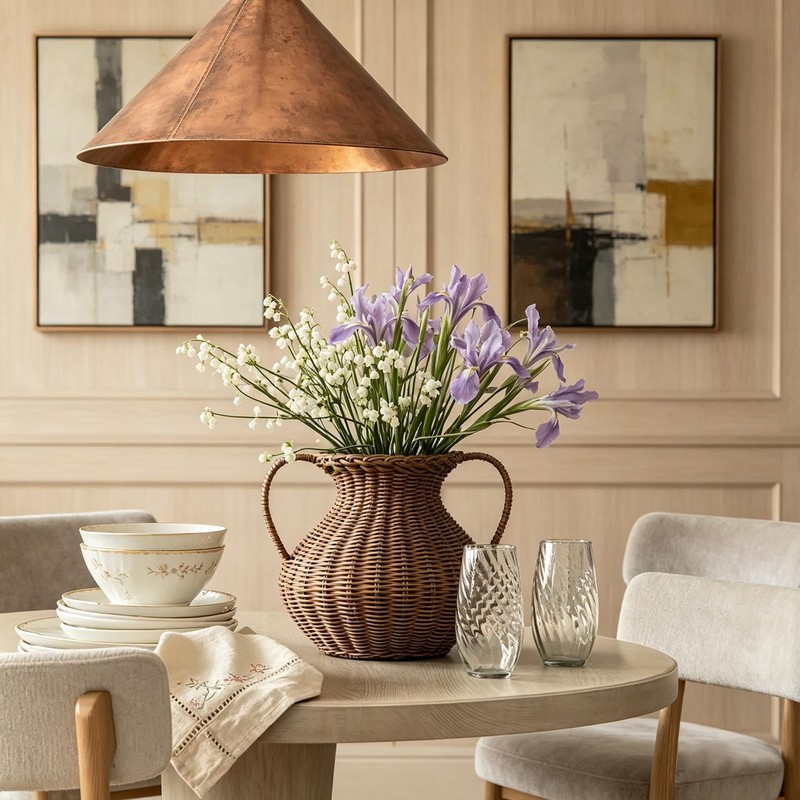 Handwoven Natural Rattan Flower Vase, Wicker Basket with Acrylic Liner,