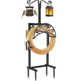 TomCare Garden Hose Holder with Shepherds Hooks Heavy Duty Water Hose Holder Holds 160 FT Hose Freestanding Hose Reel with 2 Tool Hooks Stable Hose Hanger Storage Stand for Outside Yard, Black