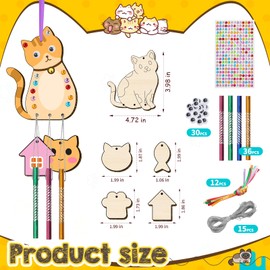 12 Pack Wind Chime Kit for Kids, Cat Make Your Own Wood Wind Chimes Arts and Crafts for Kids DIY Coloring Cat Ornaments Craft for Party Supplies Home Decoration