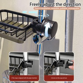 REDANT Sponge Holder for Kitchen Sink Organizer, Multifunction Kitchen Sink Caddy, Adjustable Dish Sponge Holder Over Faucet Sink Organizer for 0.7-1.1inch Round Water Pipe (Black, Left)