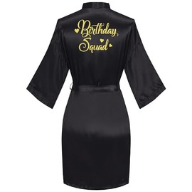 VOGUEMAX Women's Birthday Party Robe Queen Squad Silky Gold Glitter Kimono Robe Bathrobe Squad Black