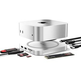 Macally Mac mini M4 Dock and Stand Hub with (3) USB-A 2.0 Ports, NVMe/SATA SSD Enclosure, SD/MicroSD Card Readers, AUX, 4K HDMI 60hz for Mac mini M4/Pro 2024