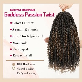 8Packs Goddess Passion Twist Crochet Hair 14" Boho Crochet Passion Twist Hair with curly end Pre-twisted Crochet Braiding Hair for Black Women (8 Packs,#1B,14inch)