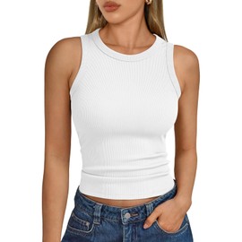 Trendy Queen Womens Tank Tops Summer 2025 Ribbed Racerback Sleeveless Workout High Neck Beach Fashion Vacation Oufits Gym Clothes White L