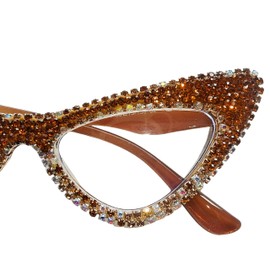 ICARA Fashion Rhinestone bling Reading Glasses for Women Retro Cat Eye Reader Trendy Diamond Party Magnifying Glasses (Brown, 2.5, x)