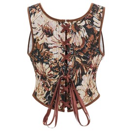 Dreay Womens Vintage Asymmetrical Hem Overbust Corset Tie Front Lace-up Back Daisy Print Bustier Top 22112-Black-L