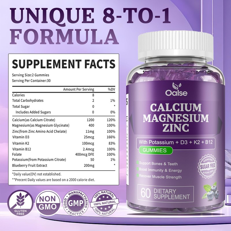 OALSE Calcium Magnesium Zinc Gummies with Vitamin D3 & K2-High